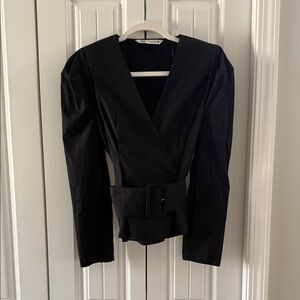 Zara black collarless open front blazer with removable belt